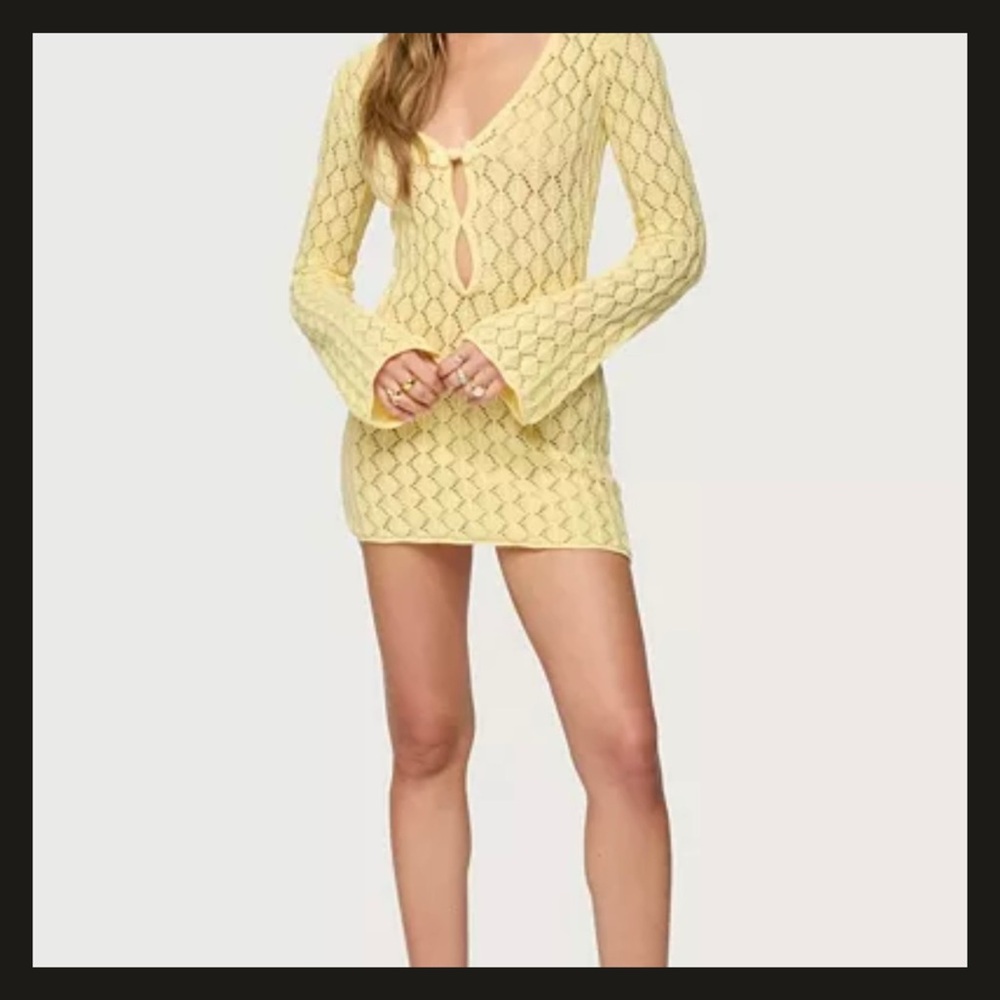 Edikted Brie Yellow Crochet CutOut Mini Dress XS Festival Beach Bikini Cover Up